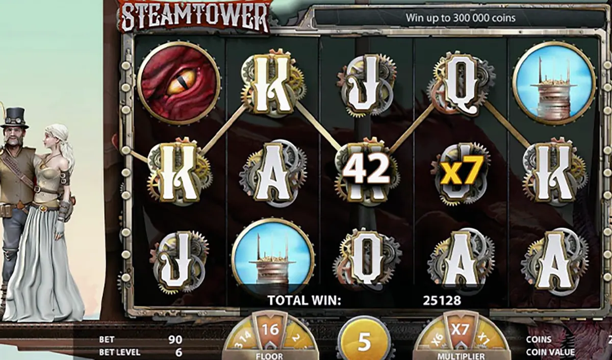 Screenshot of the Steam Tower slot showing a steampunk-themed reel grid with gear-framed symbols (A, K, Q, J), a tower icon, and a highlighted win line with a “x7” multiplier, plus the game logo and bet/multiplier controls along the bottom.