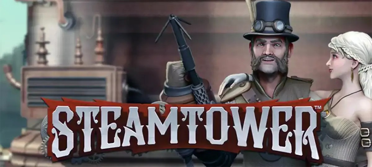 Steam Tower slot banner showing the “STEAMTOWER” title over a steampunk scene with a bearded man in a top hat holding a weapon and a white-haired woman in Victorian-style clothing beside industrial machinery.