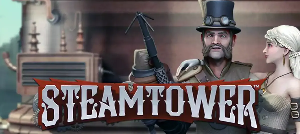 Steam Tower slot banner showing the “STEAMTOWER” title over a steampunk scene with a bearded man in a top hat holding a weapon and a white-haired woman in Victorian-style clothing beside industrial machinery.